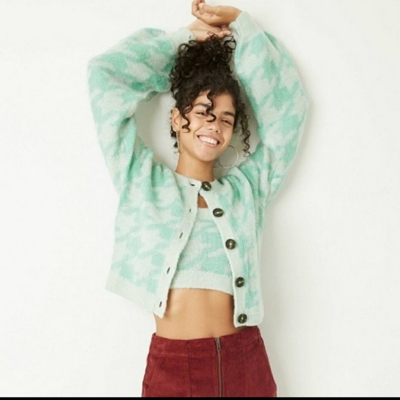 2020 Wild Fable Houndstooth Whiskers Mint Green Chunky Cardigan Balloon Sleeves - Picture 1 of 11